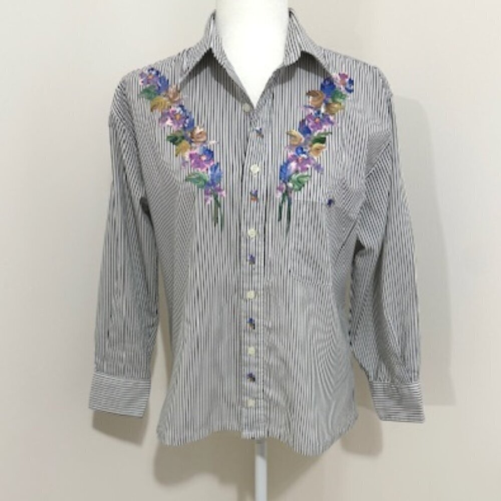 Las Olas Button Down Shirt Black & White Stripes Painted Floral Details Size S